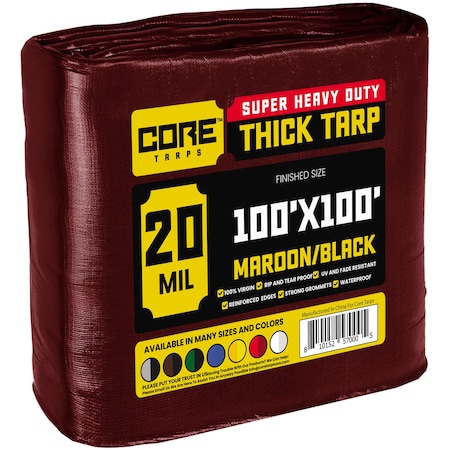 Core Tarps Heavy Duty Tarp, 100 ft x 100 ft, 20 Mil, Maroon, Polyethylene CT-707-100X100